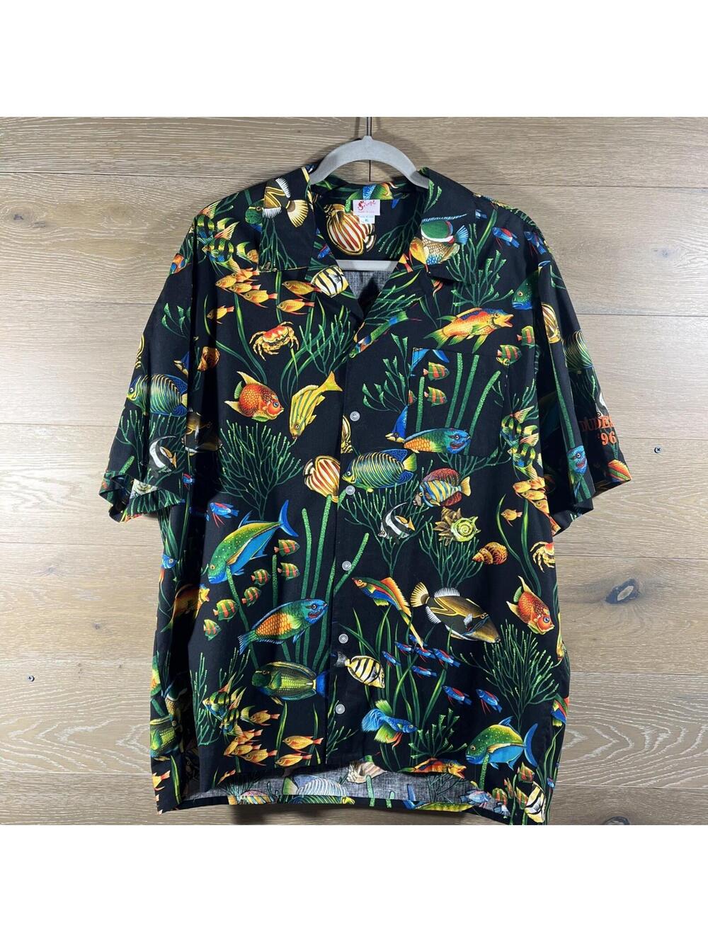Scorpio Hawaiian Shirt Mens XL Fish Print Black Button Up USA Made Embroidered
